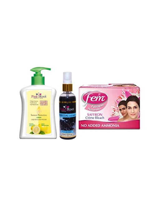 pink root lemon hand wash 200ml, charcoal face wash 100ml with fem saffron crème bleach - 17385435 - Very Small Image - 1