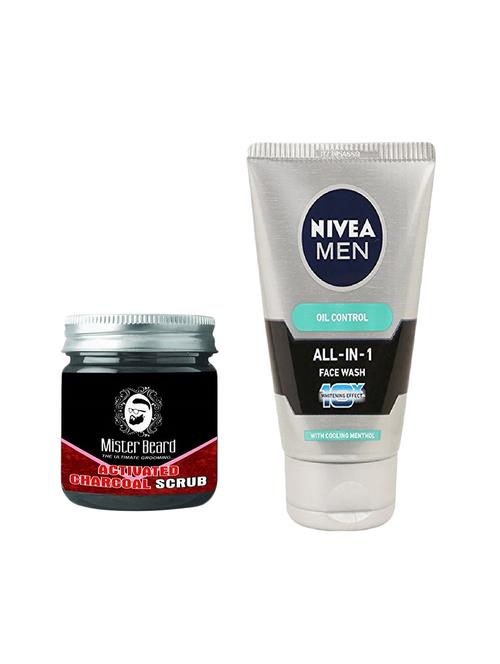 mister beard activated charcoal scrub 100gm with nivea men oil control all-in-1 face wash - 17385956 - Very Small Image - 1