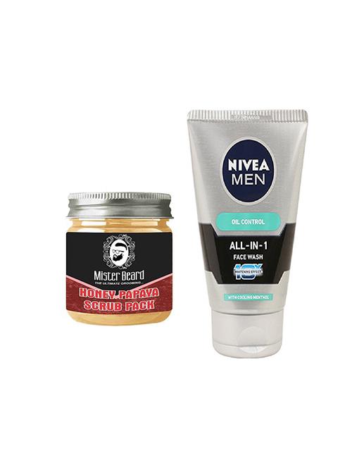mister beard honey papaya scrub pack 100gm with nivea men oil control all-in-1 face wash - 17385958 - Very Small Image - 1
