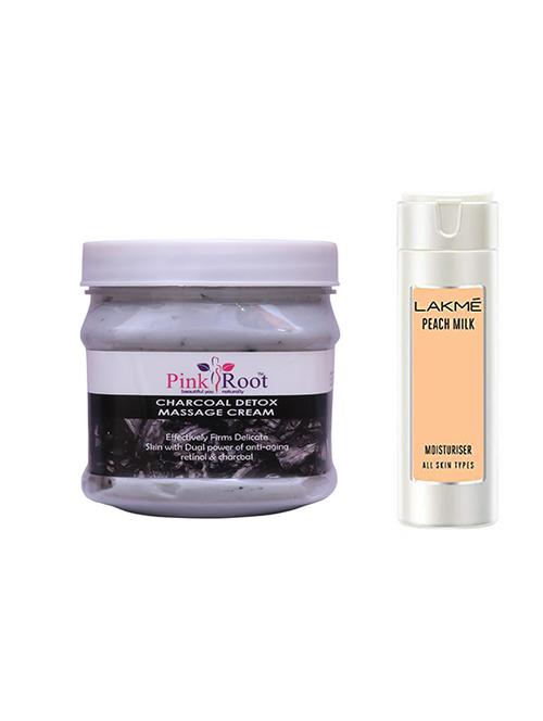 pink root charcoal massage cream with lakme peach milk moisturiser lotion - 17386579 - Very Small Image - 1