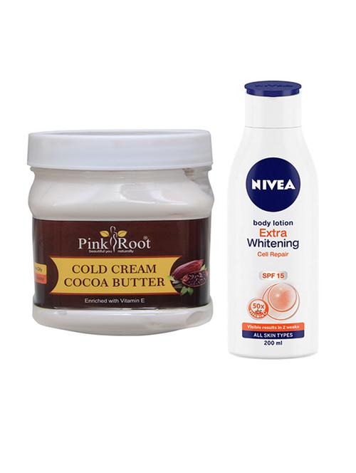 pink root cocoa butter cold cream with nivea body lotion extra whitening cell repair 200ml - 17386665 - Very Small Image - 1