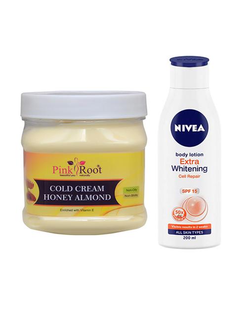 pink root honey almond cold cream with nivea body lotion extra whiteining cell repair 200ml - 17386669 - Very Small Image - 1