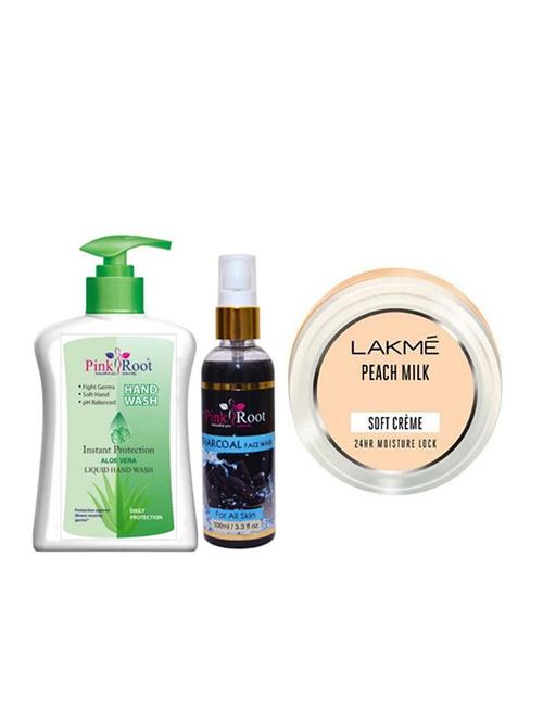 pink root aloe vera hand wash 200ml, charcoal face wash 100ml with lakme peach milk soft crème 24hr moisture lock - 17387426 - Very Small Image - 1