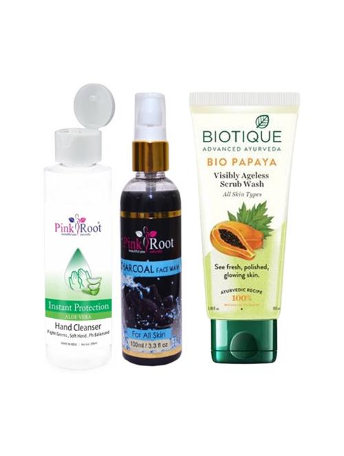 pink root aloe vera cleanser 200ml, charcoal face wash 100ml with biotique bio papaya visibly ageless scrub wash - 17387465 - Very Small Image - 1