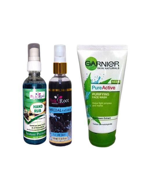 pink root aloe vera hand rub 100ml, charcoal face wash 100ml with garnier pure active purifying face wash - 17387479 - Very Small Image - 1
