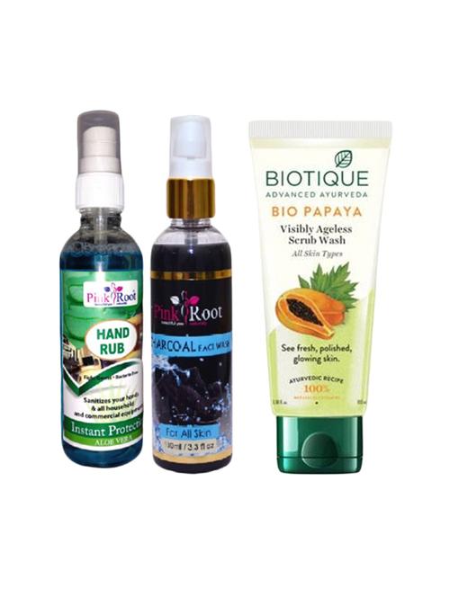 pink root aloe vera hand rub 100ml, charcoal face wash 100ml with biotique bio papaya visibly ageless scrub wash - 17387500 - Very Small Image - 1