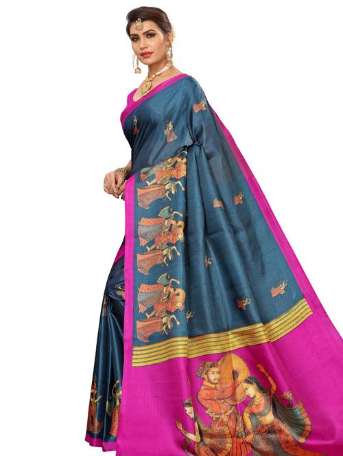 navy art silk printed saree with blouse - 17391579 - Very Small Image - 1