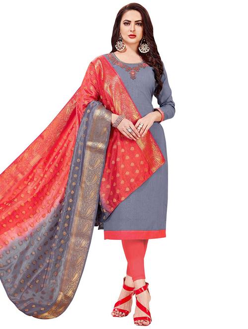 embroidered churidaar unstitched suit - 17393437 - Very Small Image - 1