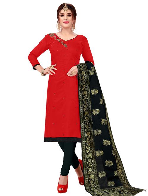 red cotton blend unstitched suit - 17393715 - Very Small Image - 1