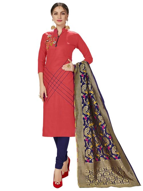 pink cotton blend unstitched suit - 17393734 - Very Small Image - 1