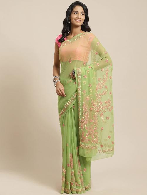 olive chikankari saree with blouse - 17394035 - Very Small Image - 1