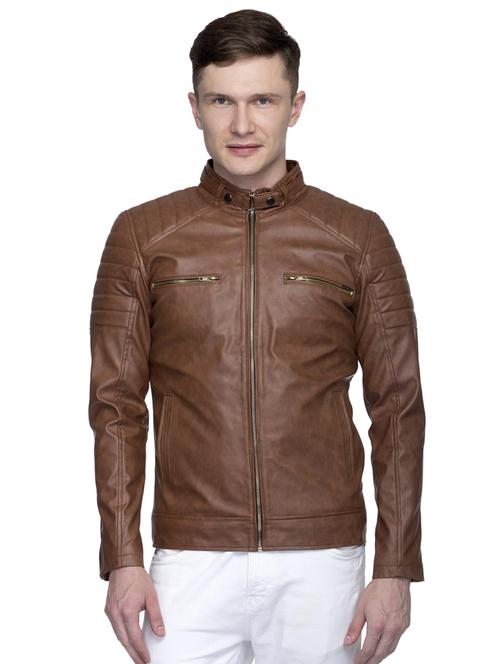 brown solid pu biker jacket - 17394077 - Very Small Image - 1