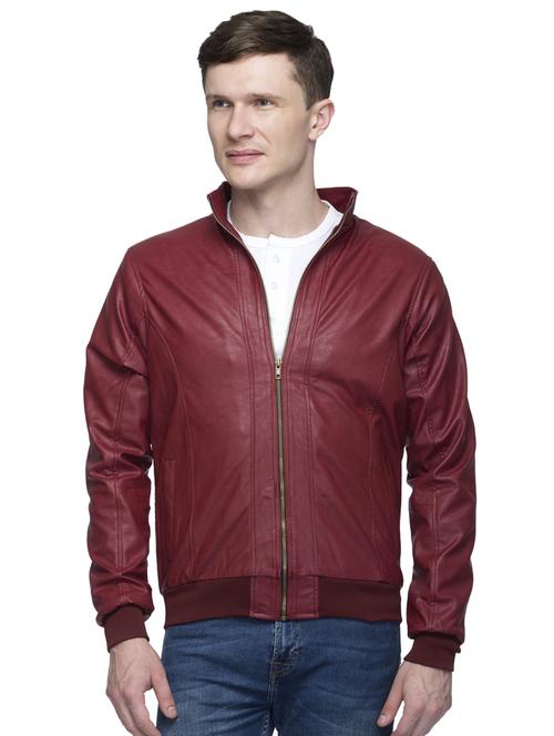 maroon solid pu biker jacket - 17394078 - Very Small Image - 1