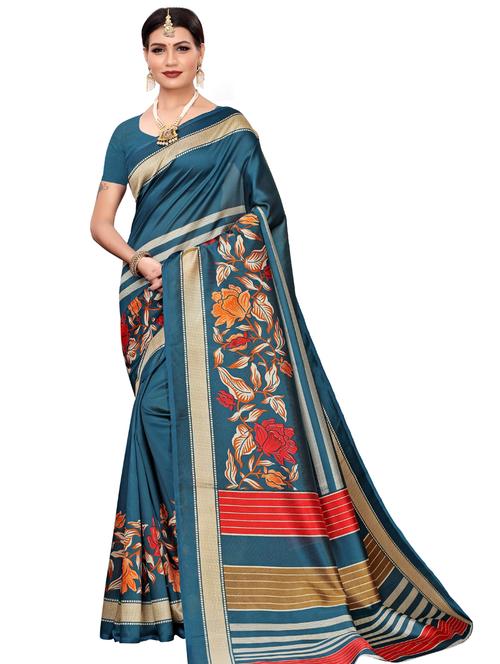 turquoise art silk printed saree with blouse - 17394517 - Very Small Image - 1