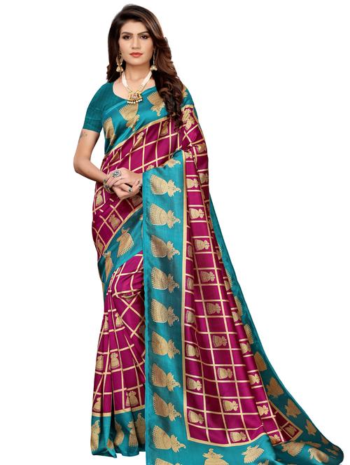 checkered printed saree with blouse - 17394523 - Very Small Image - 1
