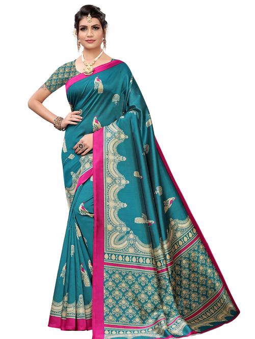 teal printed saree with blouse - 17394533 - Very Small Image - 1