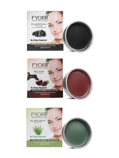fyorr facial katori peel-off wax combo of 3 red wine, aloe vera & charcoal - 80gm each - 17395826 - Very Small Image - 1
