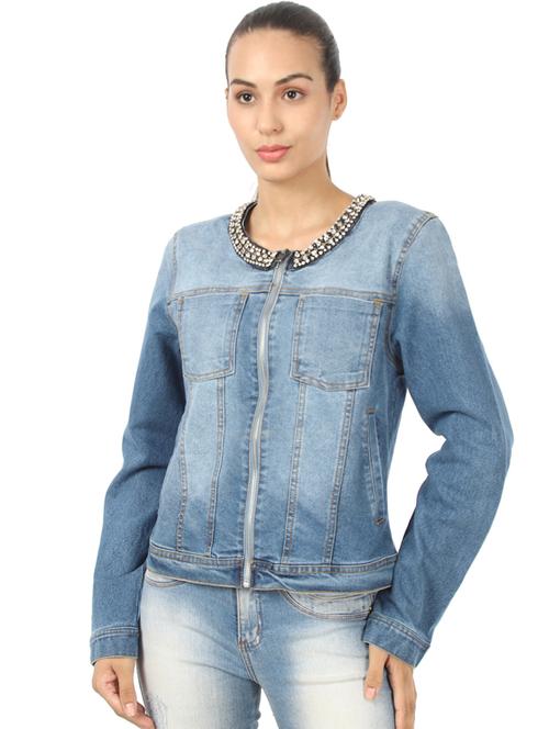 embellished neck denim jacket - 17395977 - Very Small Image - 1