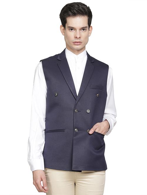 navy blue solid double breasted waist coat - 17396096 - Very Small Image - 1