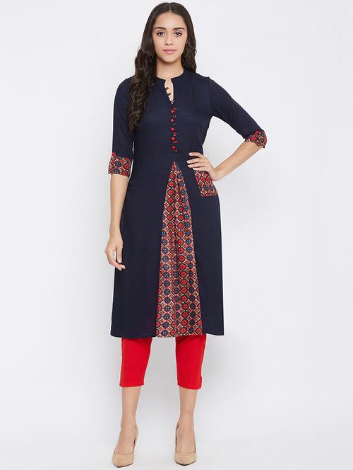 printed contrast a-line kurta - 17396940 - Very Small Image - 1