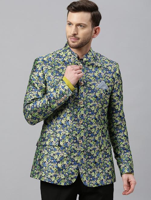 navy blue self design bandhgala casual blazer - 17397946 - Very Small Image - 1