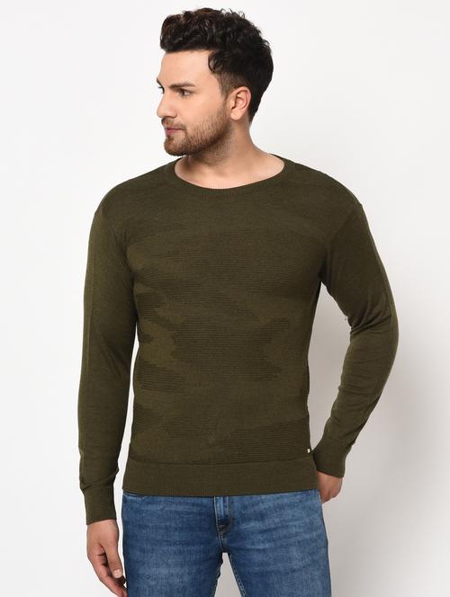 olive green self design pullover - 17399346 - Very Small Image - 1