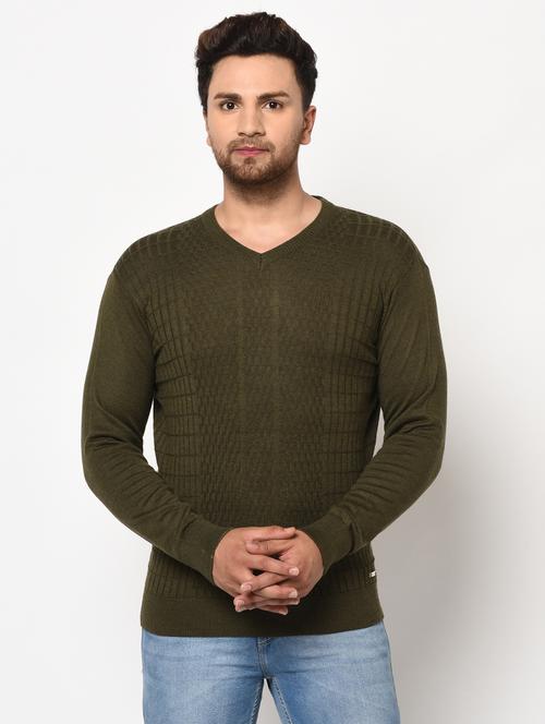 olive green self design pullover - 17399352 - Very Small Image - 1