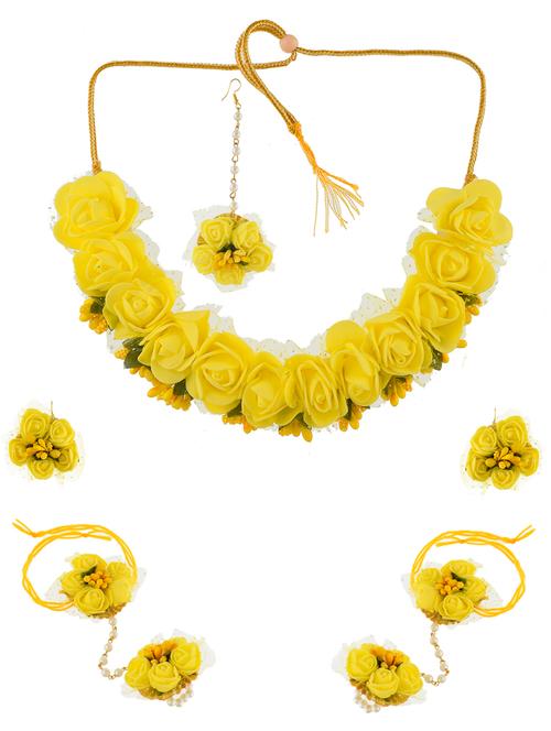 yellow brass necklace earring and maang tikka set - 17399397 - Very Small Image - 1