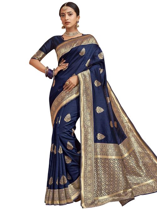 navy silk paithani saree with blouse - 17400996 - Very Small Image - 1