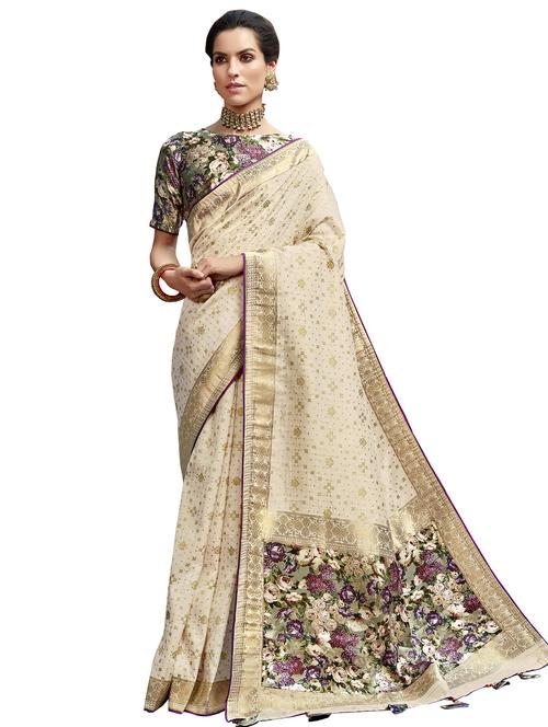 cream art silk saree with blouse - 17401010 - Very Small Image - 1
