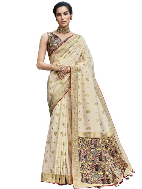 cream art silk saree with blouse - 17401011 - Very Small Image - 1