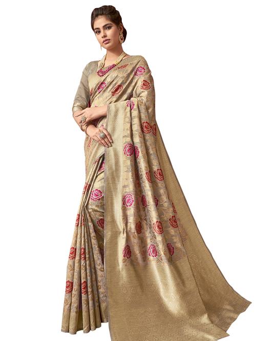 floral woven saree with blouse - 17401043 - Very Small Image - 1
