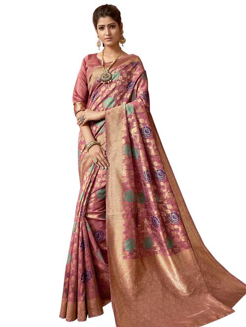 floral woven saree with blouse - 17401044 - Very Small Image - 1