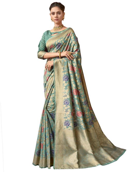 turquoise cotton saree with blouse - 17401047 - Very Small Image - 1