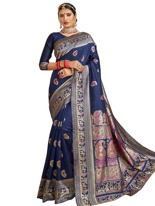 navy silk blend paithani saree with blouse - 17401049 - Very Small Image - 1
