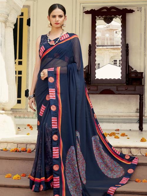 navy georgette printed saree with blouse - 17401103 - Very Small Image - 1