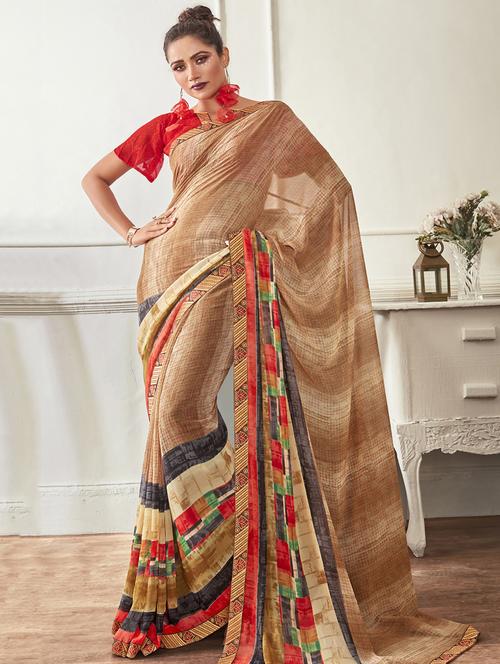 lace bordered printed saree with blouse - 17401156 - Very Small Image - 1