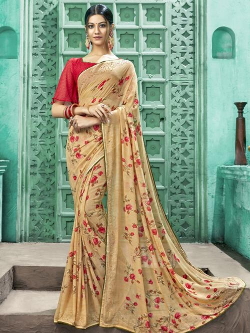lace bordered printed saree with blouse - 17401159 - Very Small Image - 1