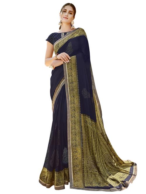navy chiffon printed saree with blouse - 17401161 - Very Small Image - 1