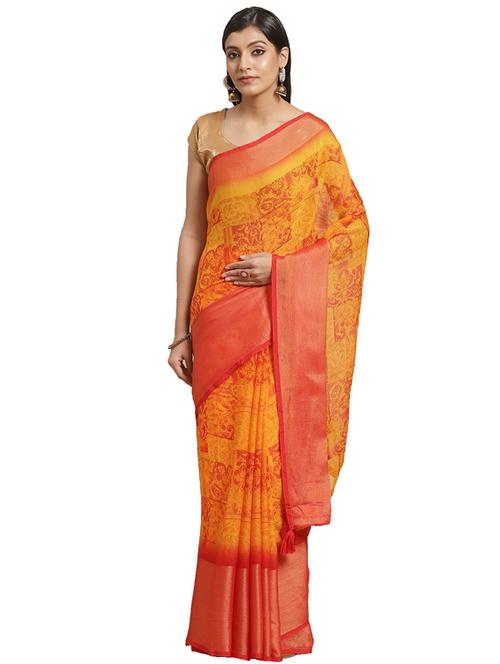 women's printed mustard colored saree - 17401850 - Very Small Image - 1