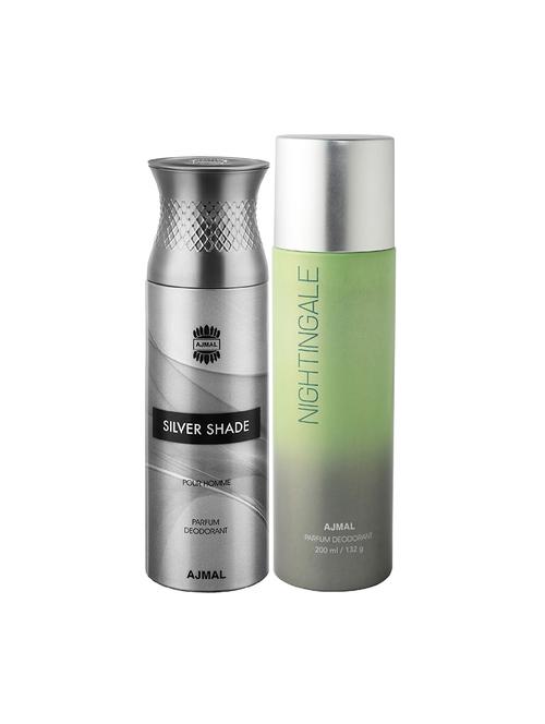 pack of 2 ajmal silver shade for men and nightingale for unisex deodorants each 200ml + 3 parfum testers - 17404119 - Very Small Image - 1