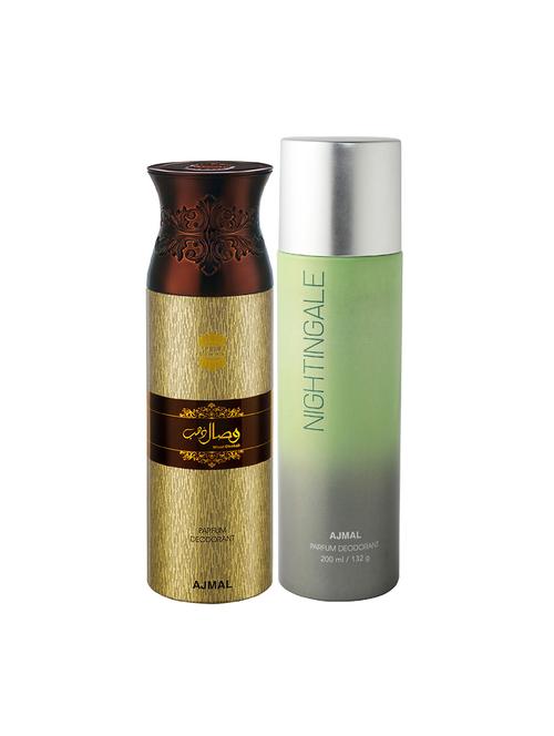 pack of 2 ajmal wisal dhahab for men and nightingale for unisex deodorants each 200ml+ 3 parfum testers - 17404120 - Very Small Image - 1