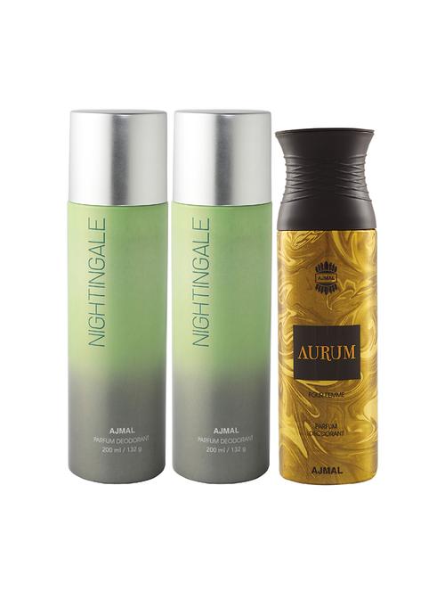 pack of 3 ajmal 2 nightingale for unisex and 1 aurum femme for women deodorants each 200ml + 3 testers - 17404161 - Very Small Image - 1