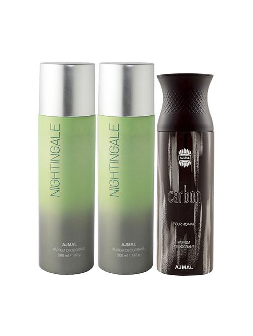 pack of 3 ajmal 2 nightingale for unisex and 1 carbon for men deodorants each 200ml + 3 parfum testers - 17404163 - Very Small Image - 1