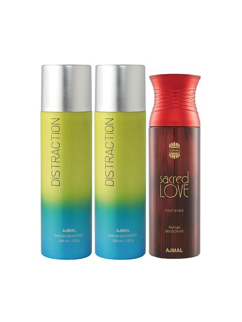 pack of 3 ajmal 2 distraction for unisex and 1 sacred love for women deodorants each 200ml + 3 testers - 17404170 - Very Small Image - 1