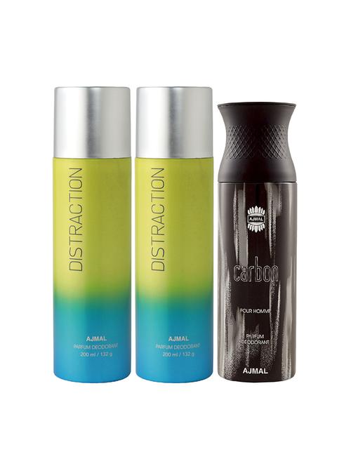 pack of 3 ajmal 2 distraction for unisex and 1 carbon for men deodorants each 200ml + 3 parfum testers - 17404175 - Very Small Image - 1