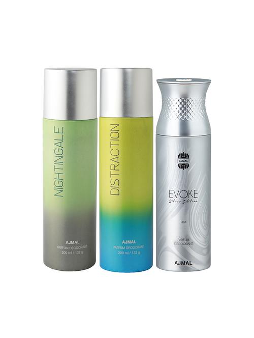 ajmal nightingale and distraction for unisex and evoke silver for men deodorants combo pack of 3 (total 600ml) + 3 testers - 17404212 - Very Small Image - 1