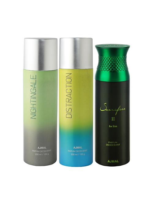 ajmal nightingale and distraction for unisex and sacrifice ii for men deodorants combo pack of 3 (total 600ml) + 3 testers - 17404213 - Very Small Image - 1