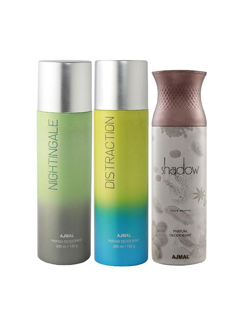 ajmal nightingale and distraction for unisex and shadow him for men deodorants combo pack of 3 (total 600ml) + 3 testers - 17404214 - Very Small Image - 1