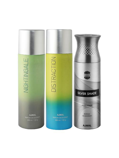 ajmal nightingale and distraction for unisex and silver shade for men deodorants combo pack of 3 (total 600ml) + 3 testers - 17404215 - Very Small Image - 1